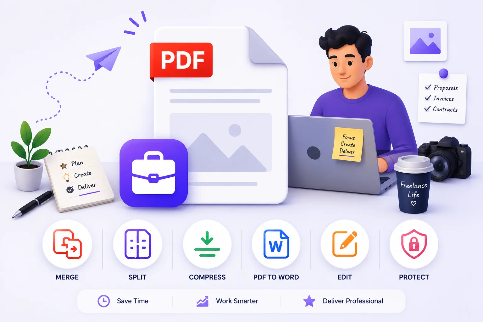 Freelancer working on client proposals and PDF documents at a desk